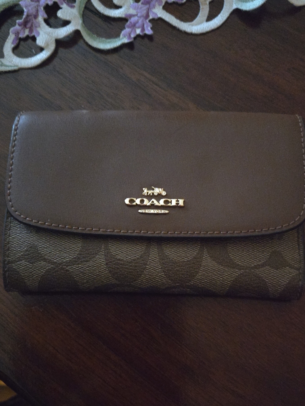Coach Brown Signature Leather Trifold Wallet with Gold Logo